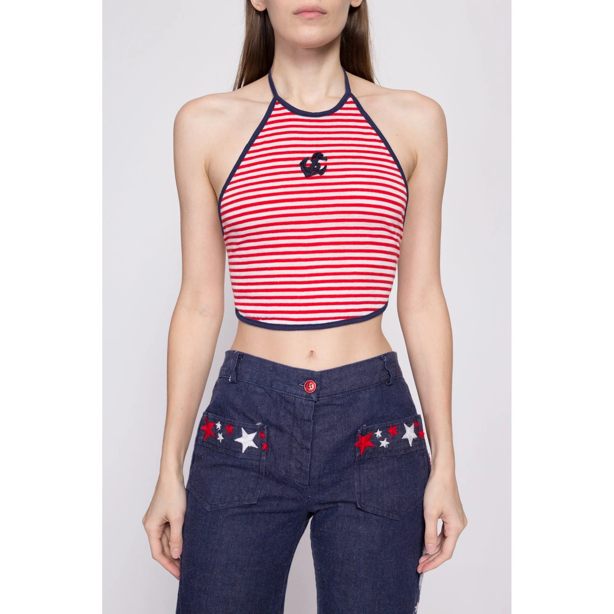 70s Nautical Striped Backless Halter Crop Top - Small