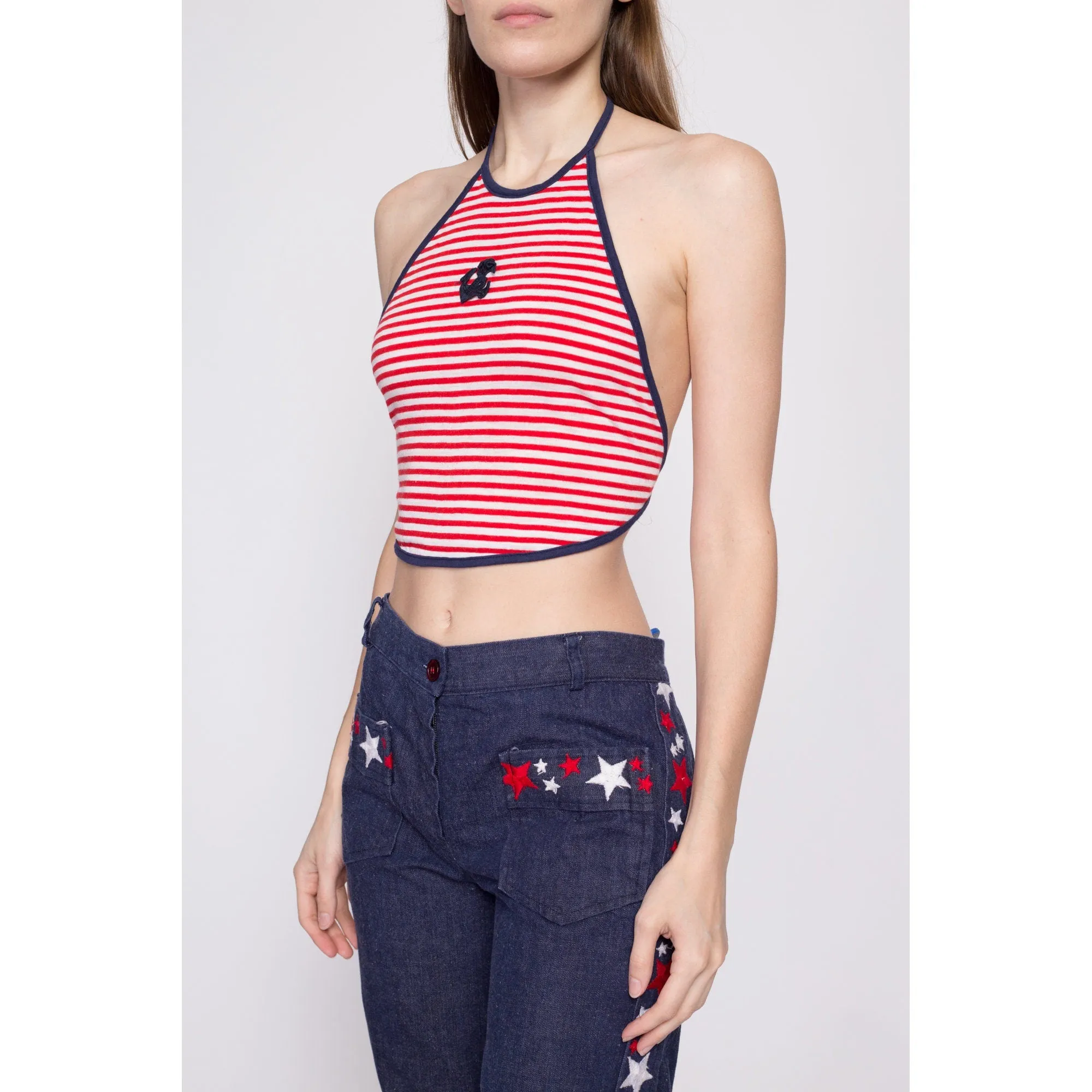 70s Nautical Striped Backless Halter Crop Top - Small