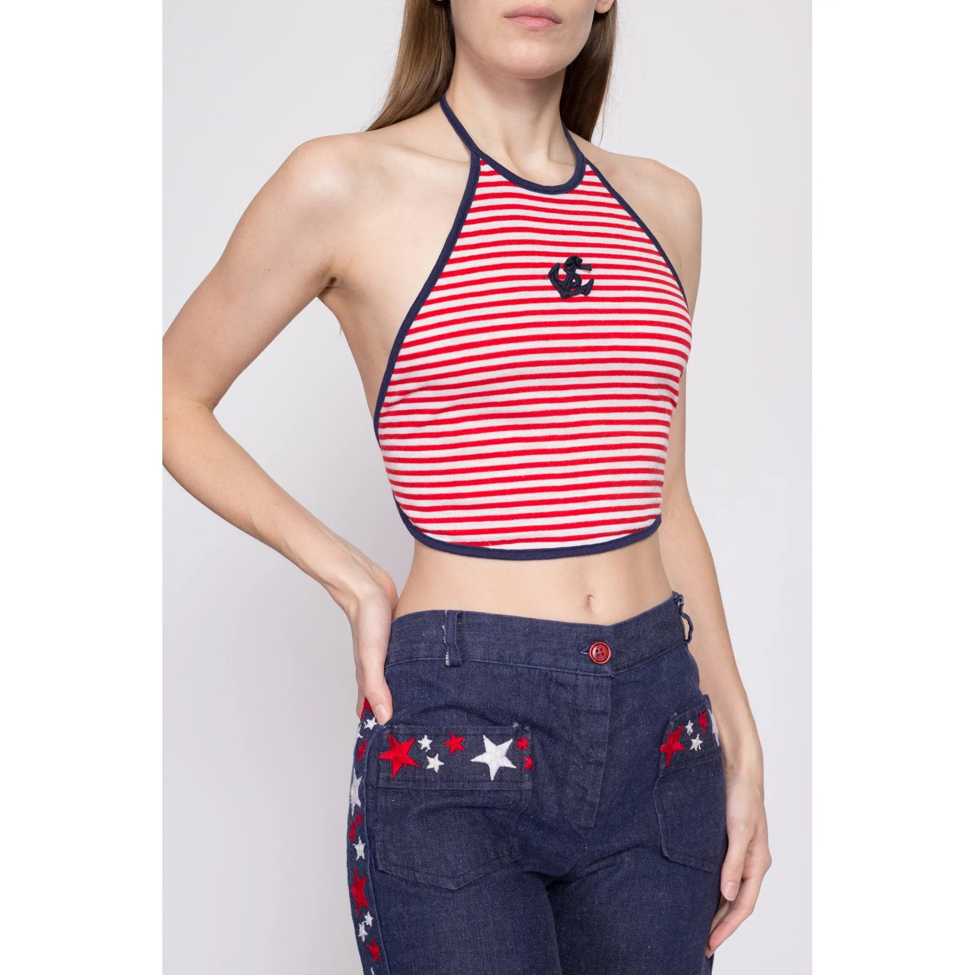 70s Nautical Striped Backless Halter Crop Top - Small