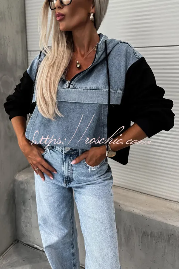 All The Time Denim Patchwork Soft Fabric Kangaroo Pocket Loose Hoodie