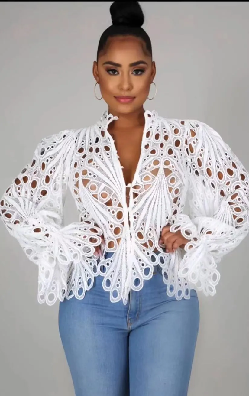 Amy Fashion - Elegant Lace See Though Ruffles Lantern Blouse