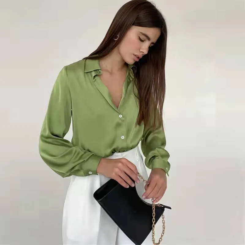 Amy Fashion - Elegant Long Sleeve Green Silk Blouse