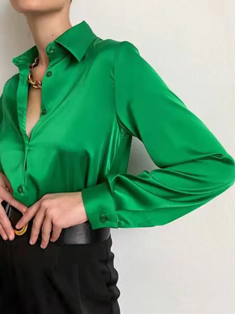 Amy Fashion - Elegant Long Sleeve Green Silk Blouse