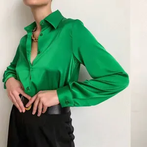 Amy Fashion - Elegant Long Sleeve Green Silk Blouse