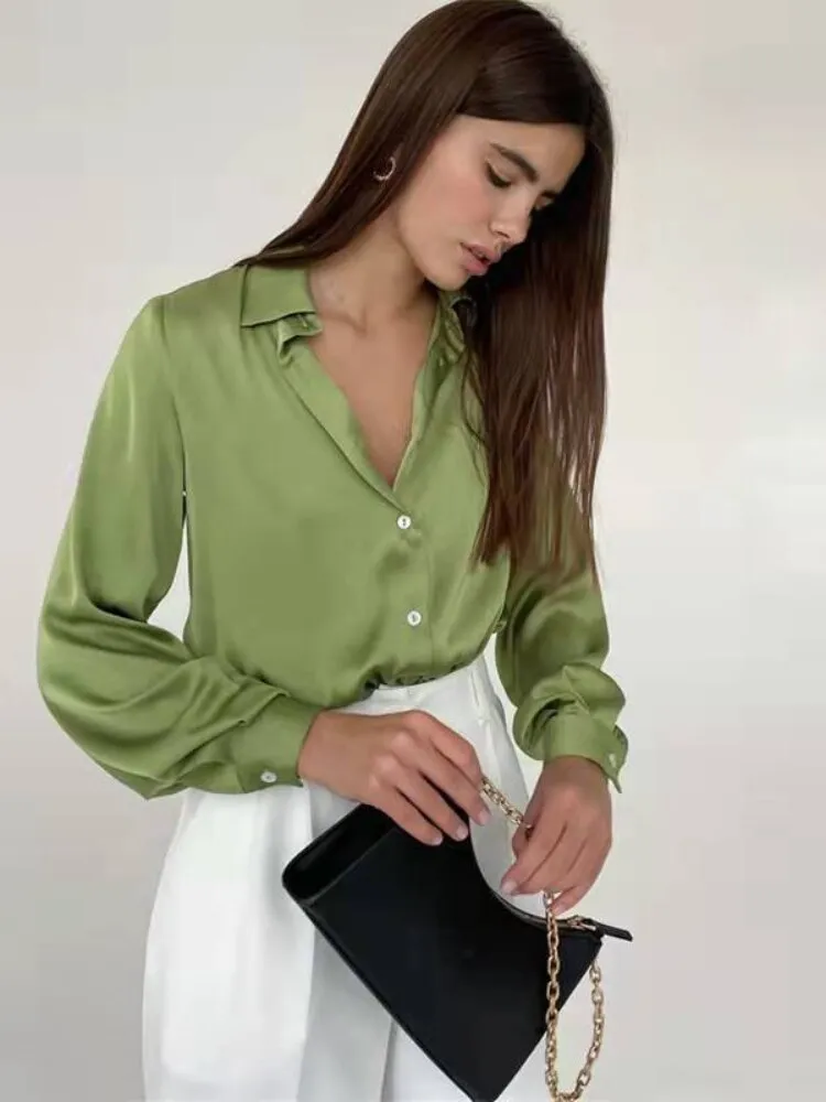 Amy Fashion - Elegant Long Sleeve Green Silk Blouse