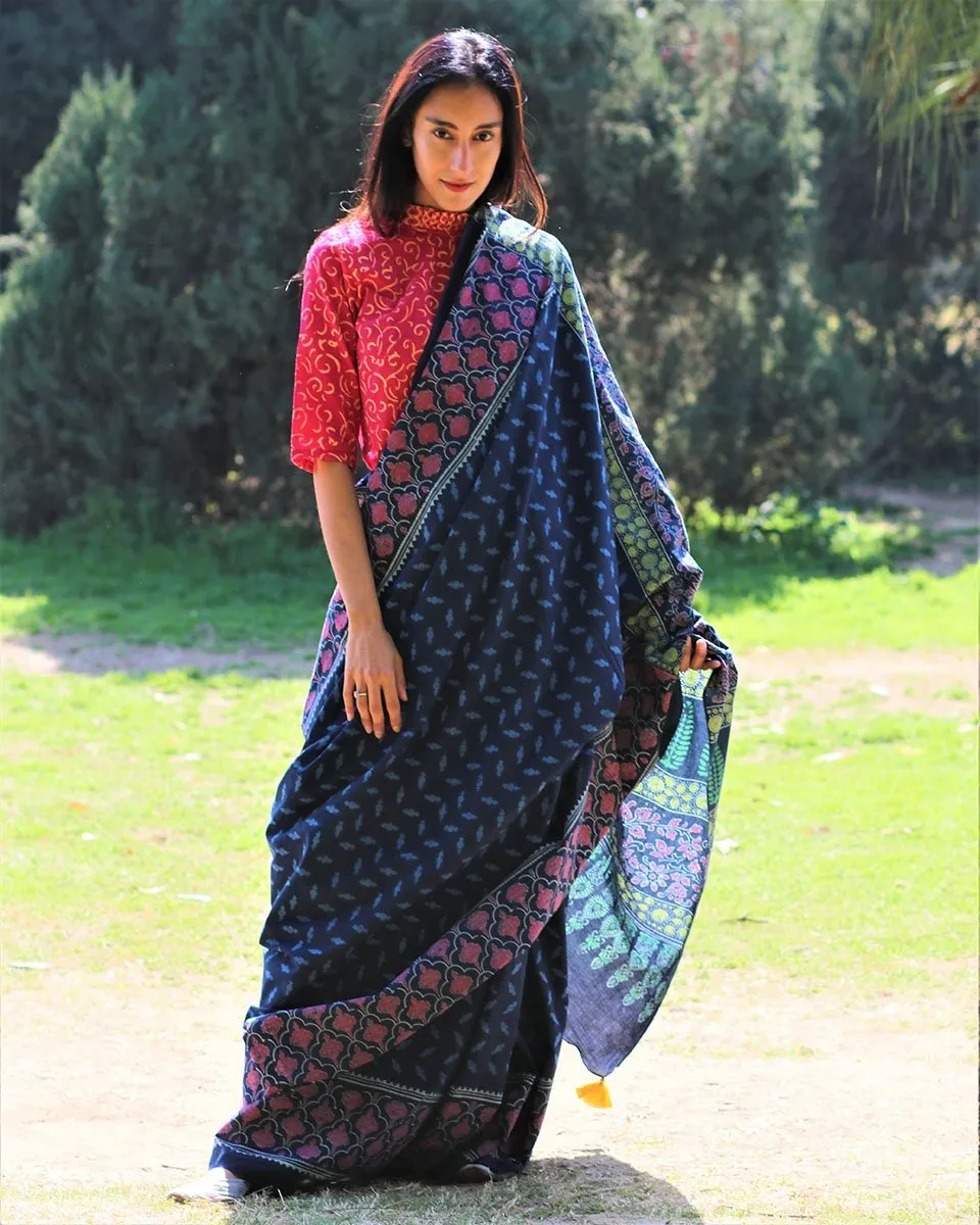 Blue Blockprinted Cotton Mul Saree