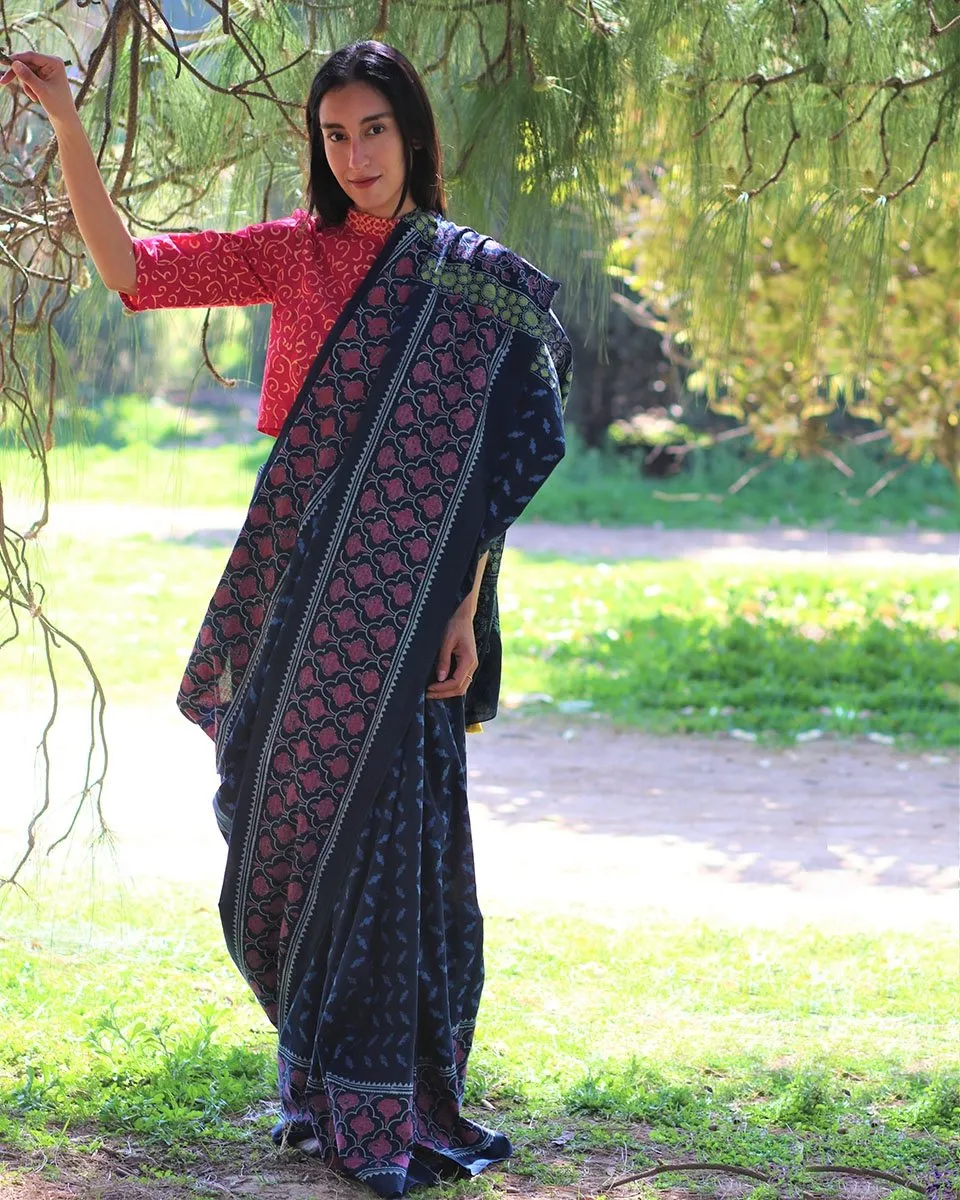 Blue Blockprinted Cotton Mul Saree