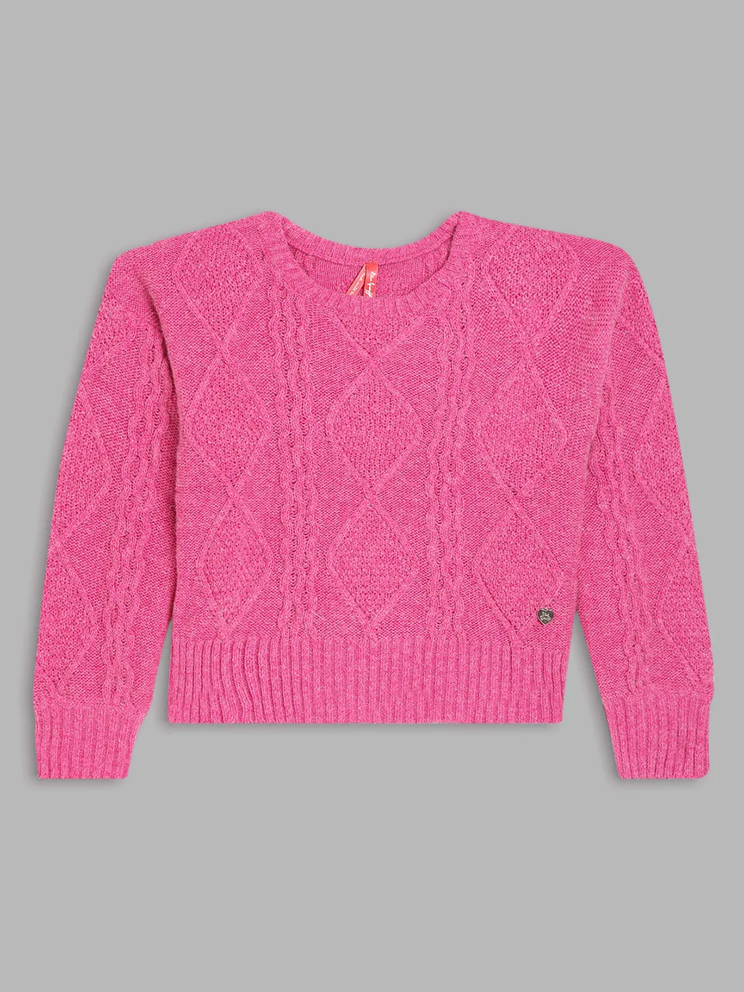 Blue Giraffe Girls Pink Self Design Round Neck Full Sleeves Pullover Style Sweater