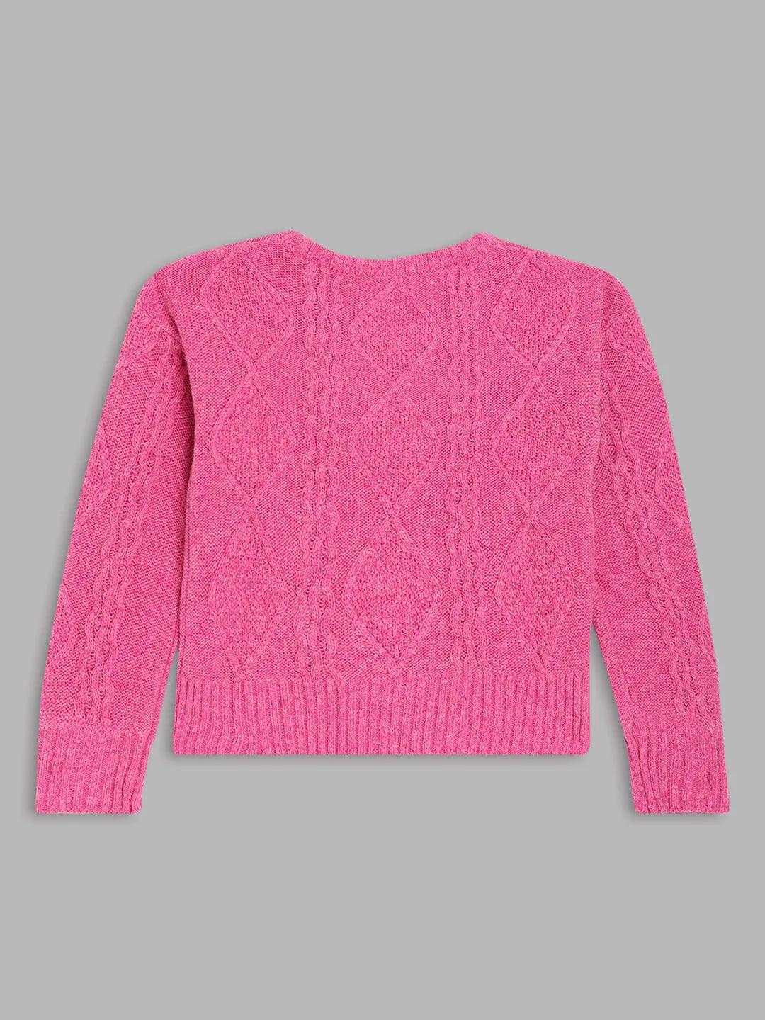 Blue Giraffe Girls Pink Self Design Round Neck Full Sleeves Pullover Style Sweater