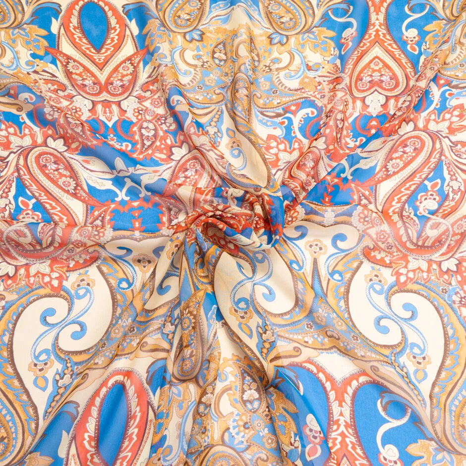 Blue, Red & Beige Paisley Printed Silk Georgette