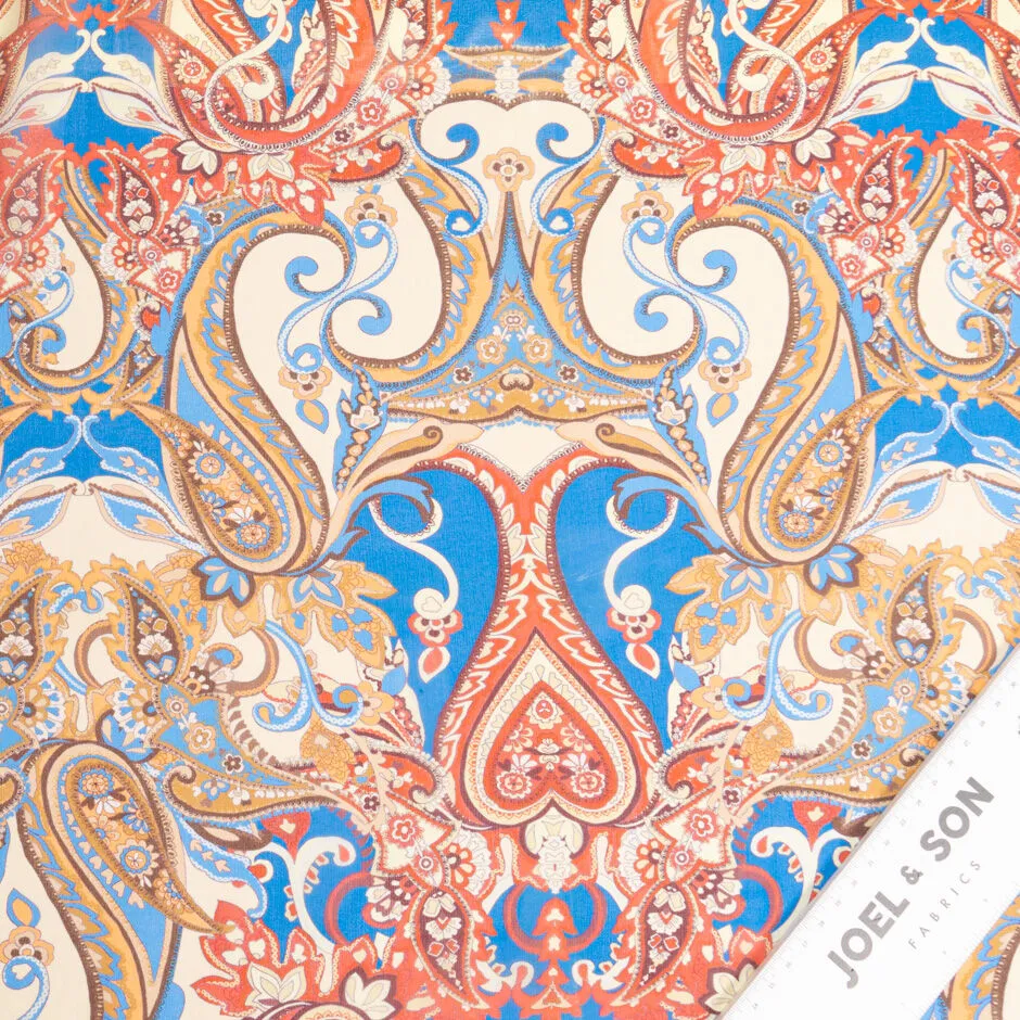 Blue, Red & Beige Paisley Printed Silk Georgette