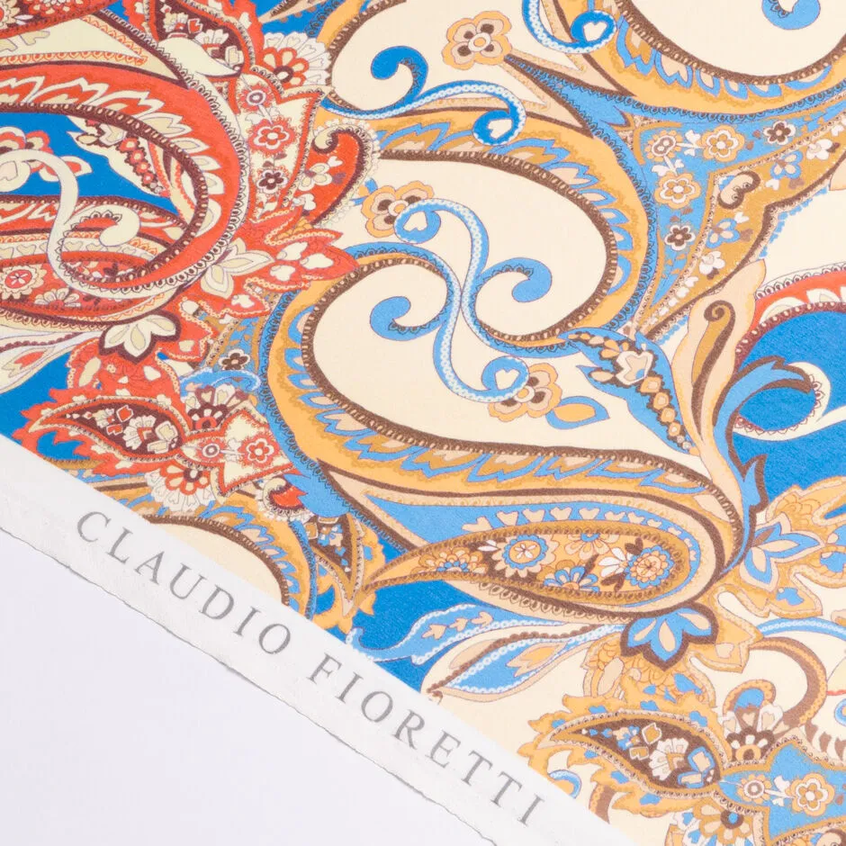 Blue, Red & Beige Paisley Printed Silk Georgette