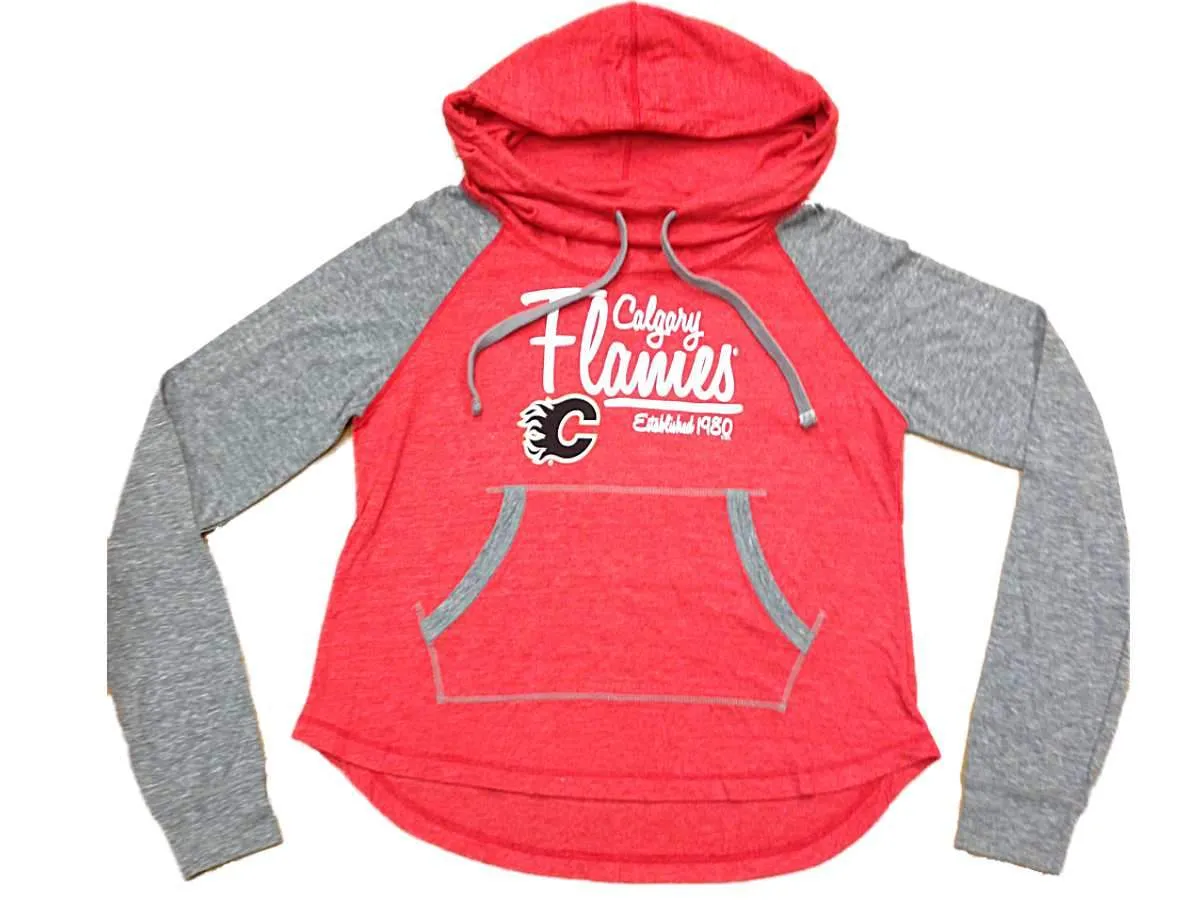 Calgary Flames SAAG Women's NHL Red Two Toned Slub Neck LS Hoodie Sweatshirt (M)