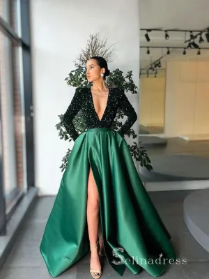 Chic A-line Deep V neck Long Sleeve Prom Dresses Dark Green Sequins Long Evening Gowns MLH0446