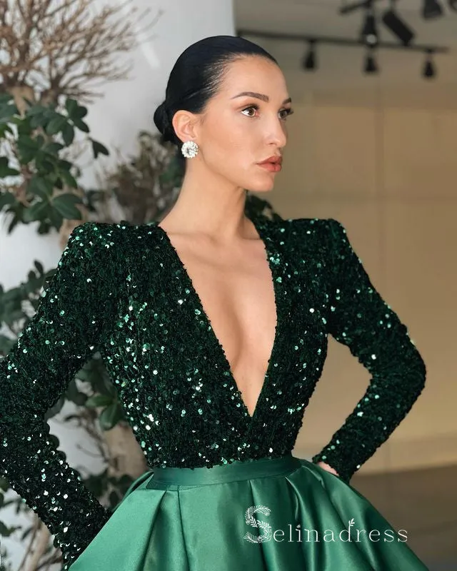 Chic A-line Deep V neck Long Sleeve Prom Dresses Dark Green Sequins Long Evening Gowns MLH0446