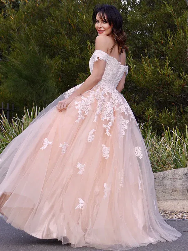 Chic A-line Off-the-shoulder Long Prom Dress Tulle Applique Evening Dress JKW220