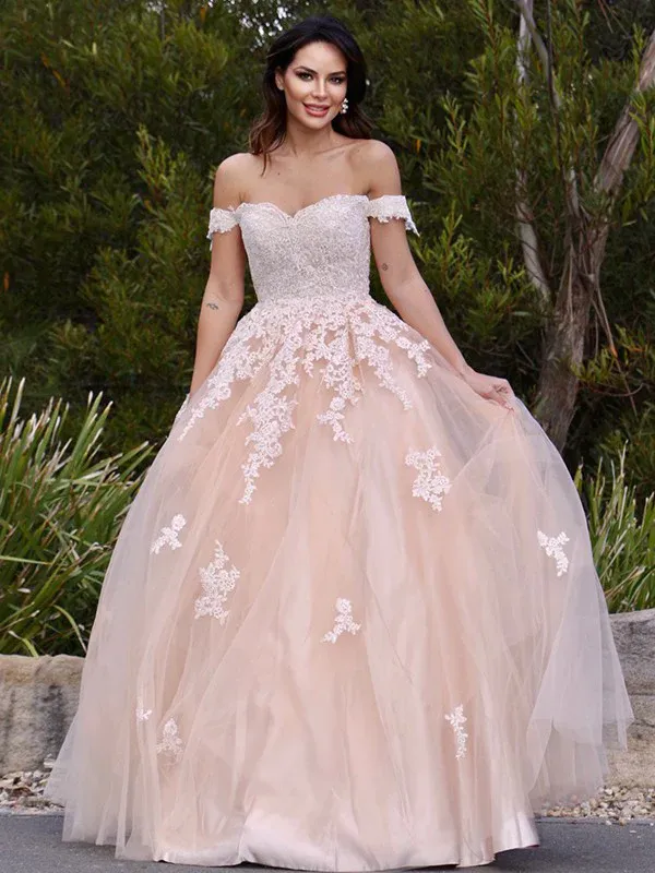 Chic A-line Off-the-shoulder Long Prom Dress Tulle Applique Evening Dress JKW220