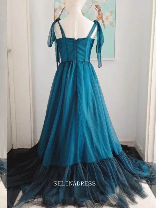 Chic A-line Strps Teal Tulle Long Prom Dresses Cheap Bridesmaid Dress Long Formal Dress OSTY046