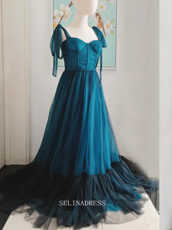 Chic A-line Strps Teal Tulle Long Prom Dresses Cheap Bridesmaid Dress Long Formal Dress OSTY046