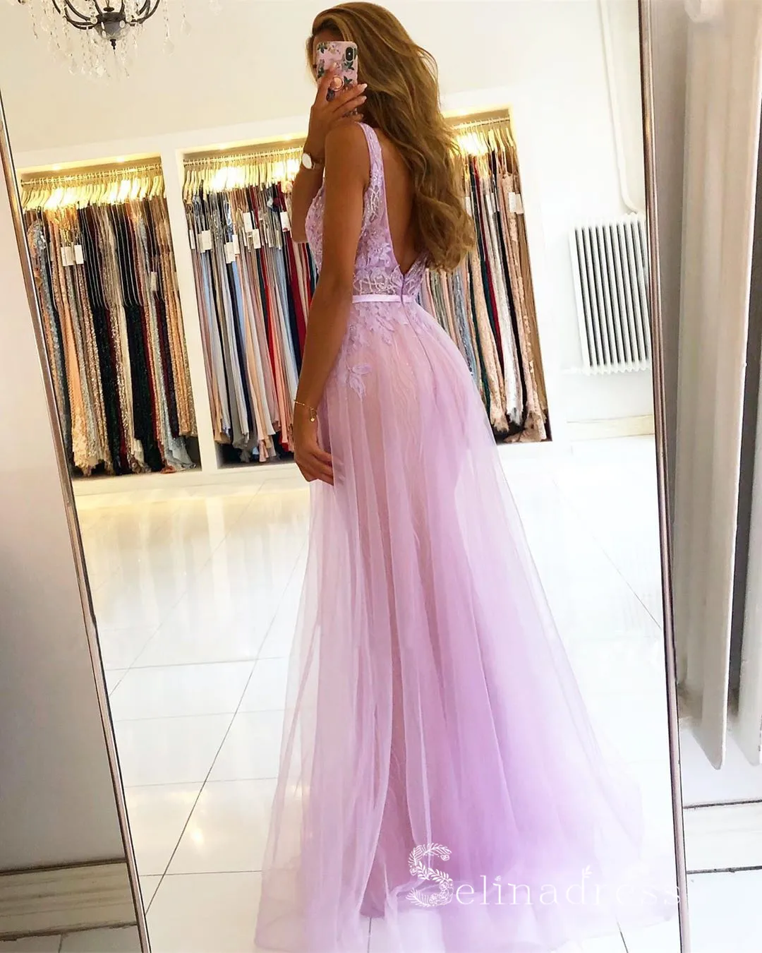 Chic A-line V neck Pink Lace Long Prom Dresses Sparkly Beaded Long Evening Gowns MLH024