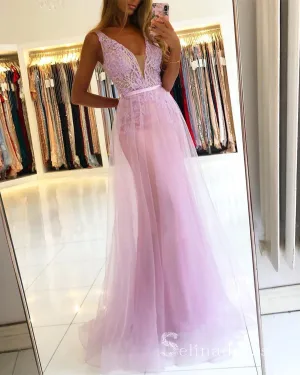 Chic A-line V neck Pink Lace Long Prom Dresses Sparkly Beaded Long Evening Gowns MLH024