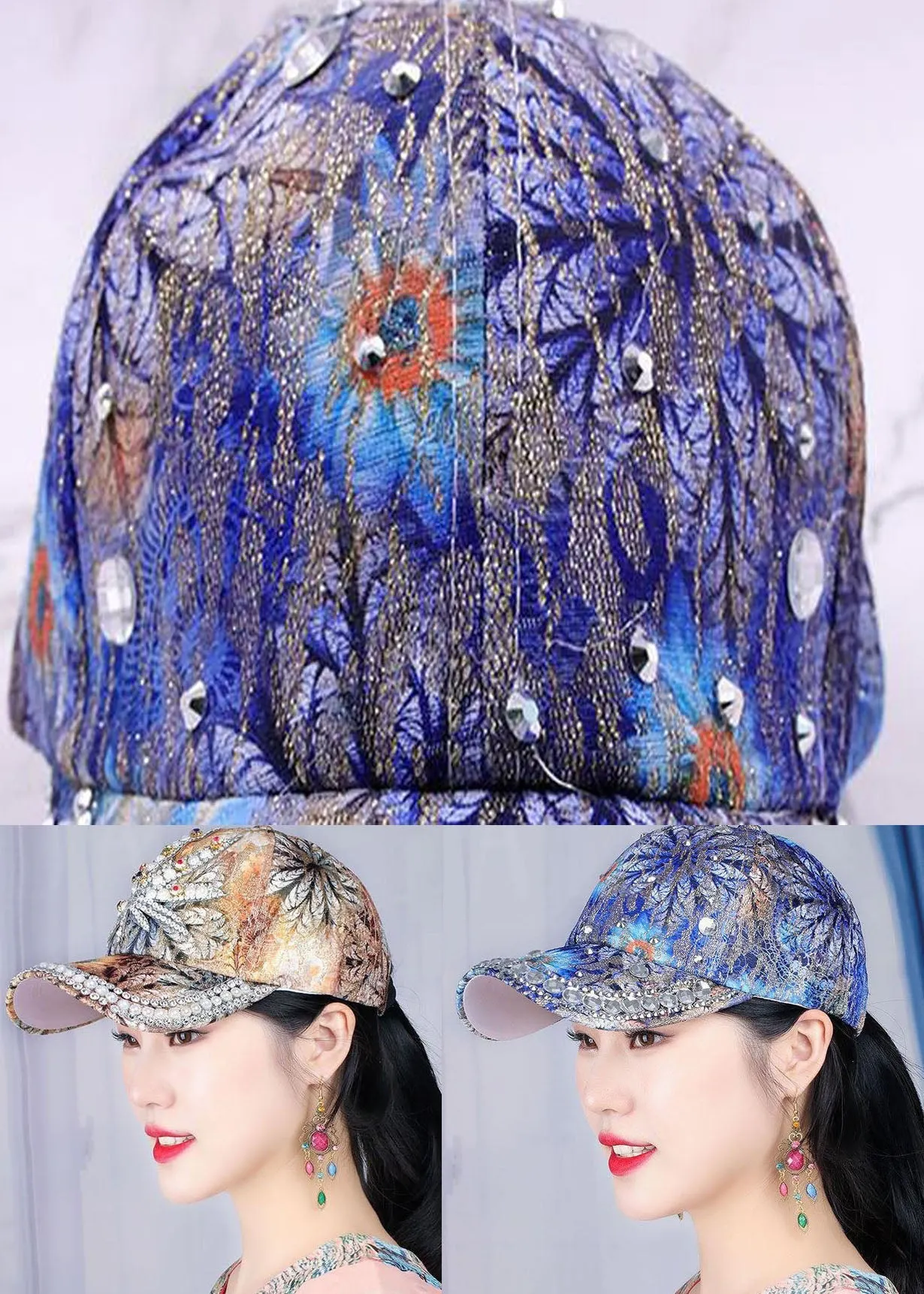 Chic Blue Zircon Print Patchwork Cotton Baseball Cap Hat