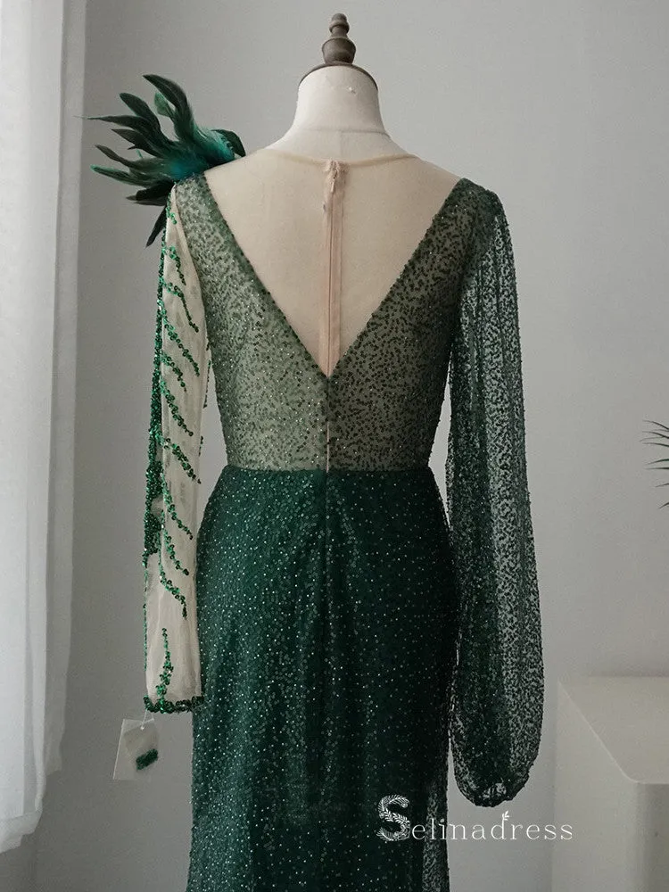 Chic Mermaid Long Sleeve luxury Long Prom Dress Beaded Green Long Evening Gowns MLH0469