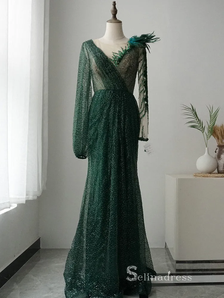 Chic Mermaid Long Sleeve luxury Long Prom Dress Beaded Green Long Evening Gowns MLH0469