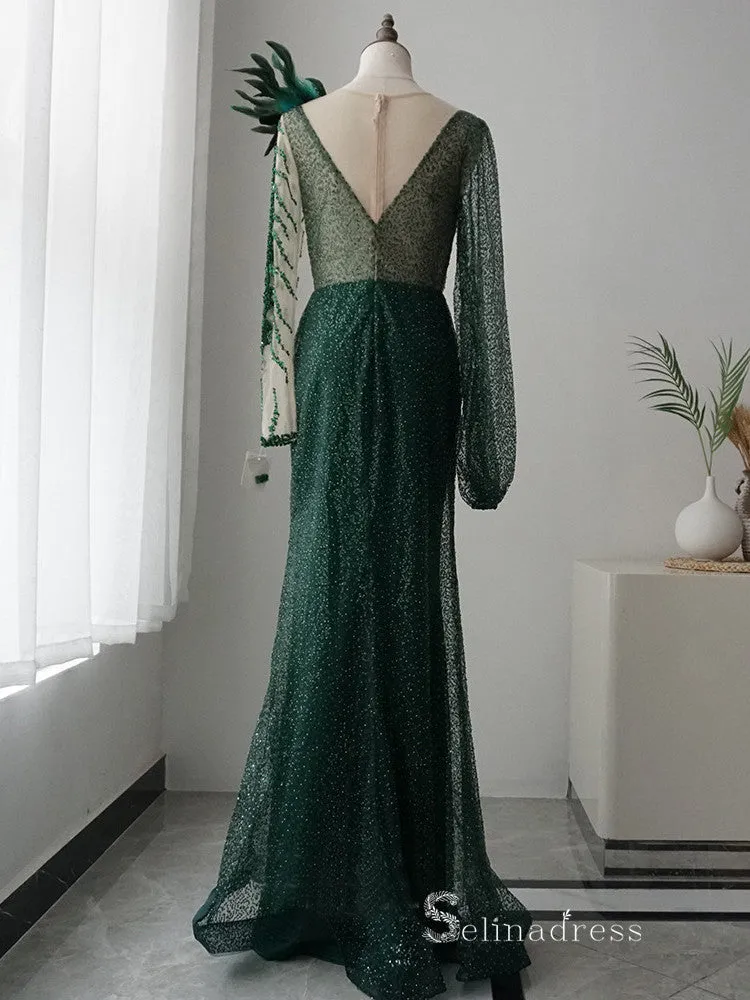 Chic Mermaid Long Sleeve luxury Long Prom Dress Beaded Green Long Evening Gowns MLH0469