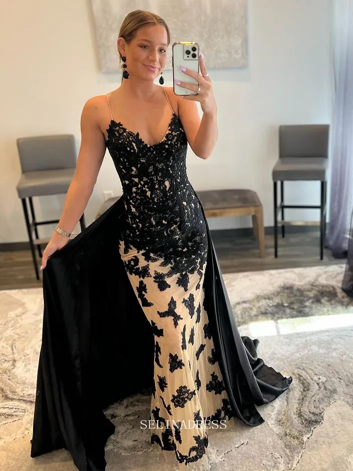 Chic Mermaid Spaghetti Straps Black Long Prom Dresses Applique Evening Dress Formal Dresses TKL075