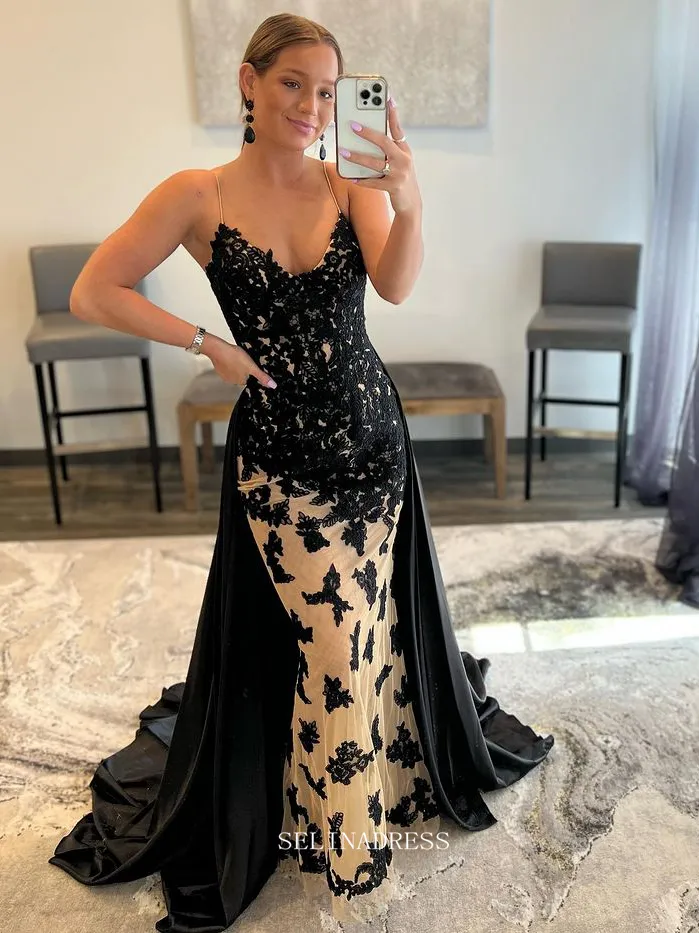 Chic Mermaid Spaghetti Straps Black Long Prom Dresses Applique Evening Dress Formal Dresses TKL075