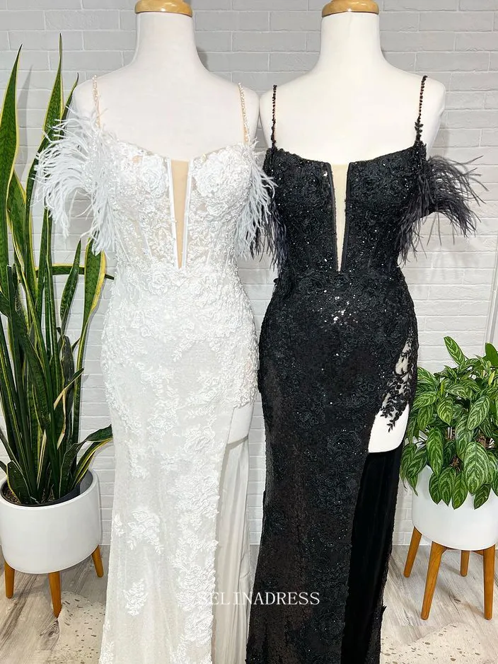 Chic Sheath/Column Black Lace Long Prom Dresses Beaded Evening Gowns Pageant Dress TKL063