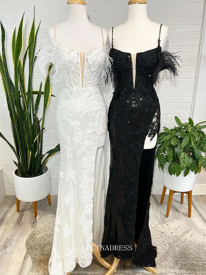 Chic Sheath/Column Black Lace Long Prom Dresses Beaded Evening Gowns Pageant Dress TKL063