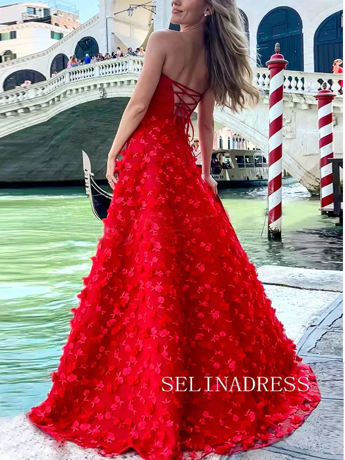 Chic Spaghetti Straps 3D Flower Long Prom Dresses Pink Beautiful Evening Dress TKH025