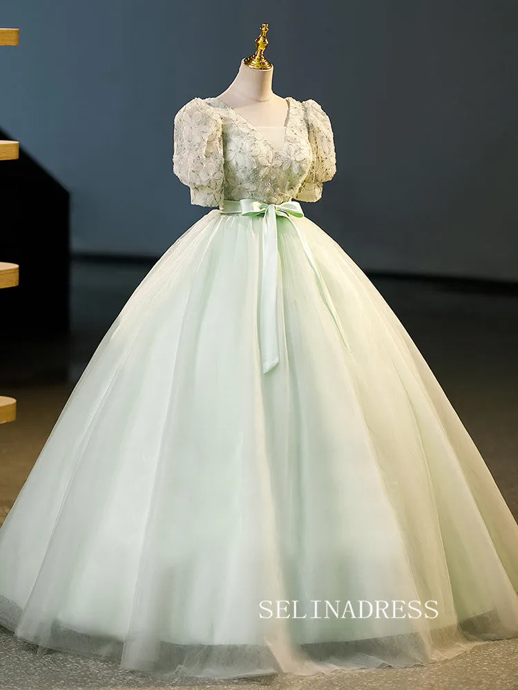 Chic V neck A-line Princess Dresses With Puff Sleeve Elegant Ball Gown Evening Gowns TKL2504