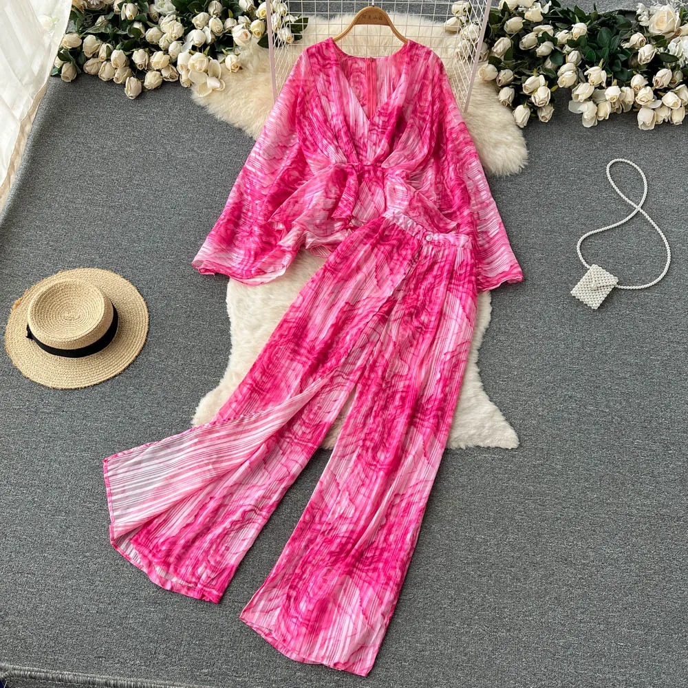 deanwangkt Vintage Women Tie Dye Printed Two Piece Set Autumn Irregular Long Sleeve V-Neck Blouse   High Waist Wide Leg Pants Suit Female