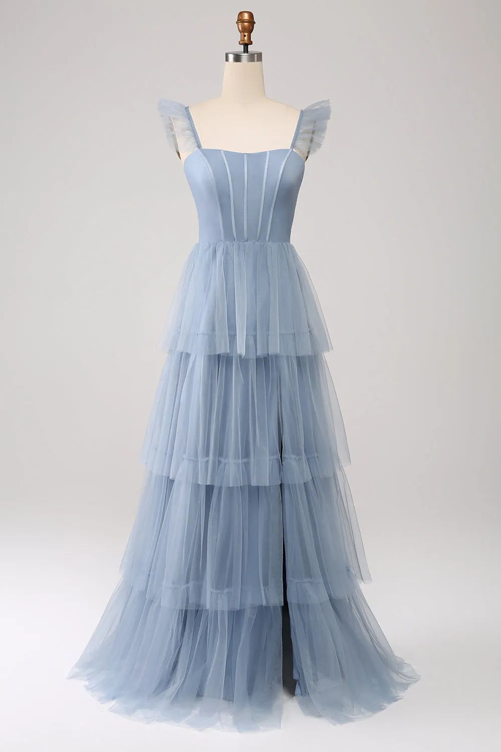 Dusty Blue A Line Tiered Tulle Corset Maxi Dress with Slit