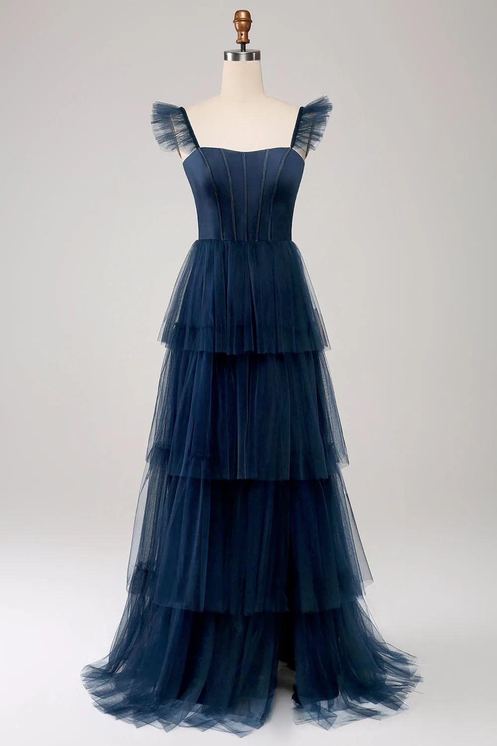 Dusty Blue A Line Tiered Tulle Corset Maxi Dress with Slit