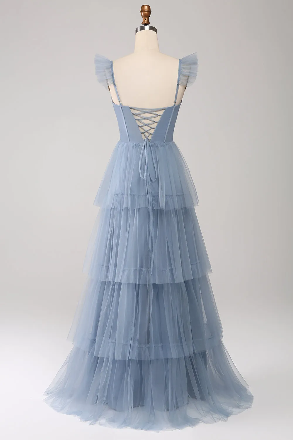 Dusty Blue A Line Tiered Tulle Corset Maxi Dress with Slit