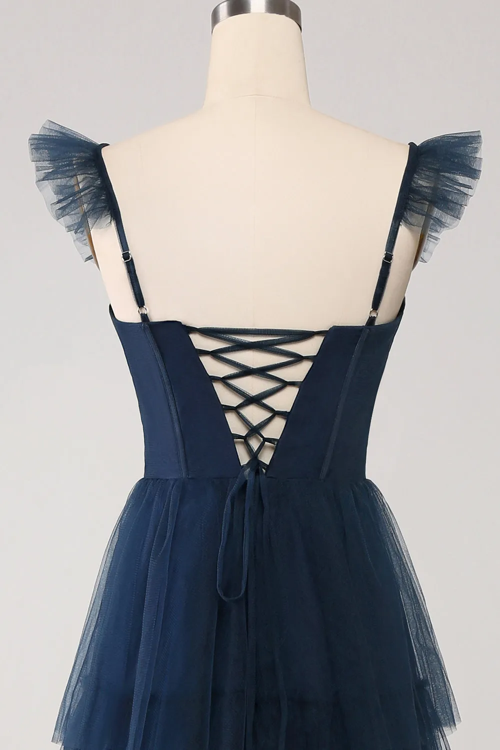 Dusty Blue A Line Tiered Tulle Corset Maxi Dress with Slit