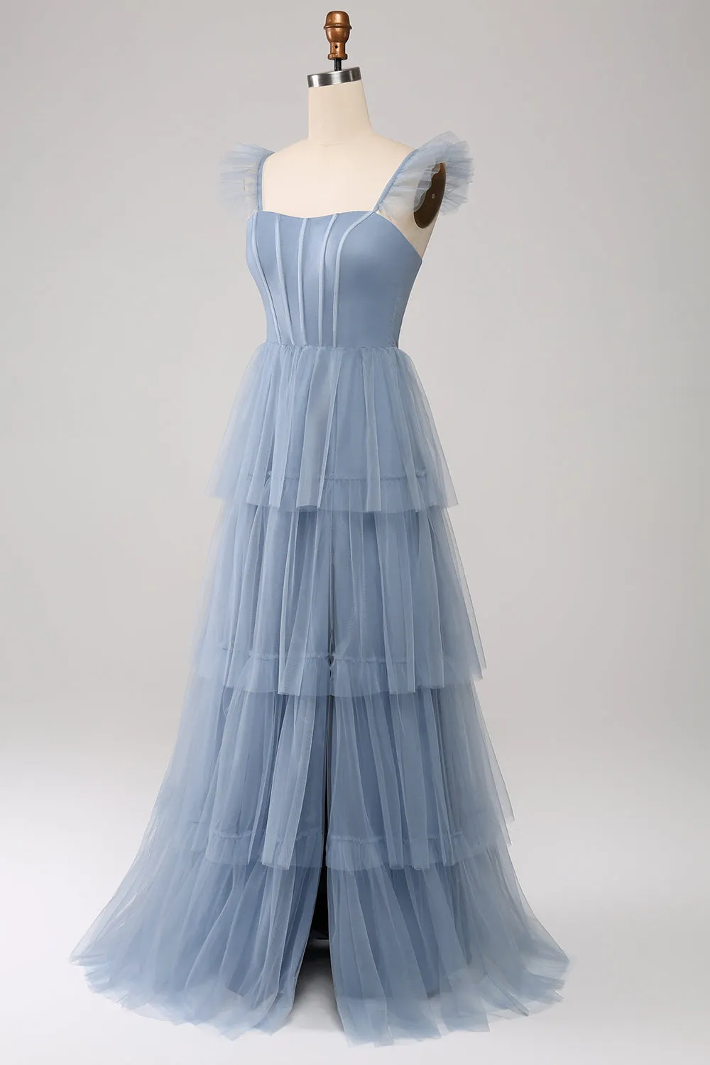 Dusty Blue A Line Tiered Tulle Corset Maxi Dress with Slit