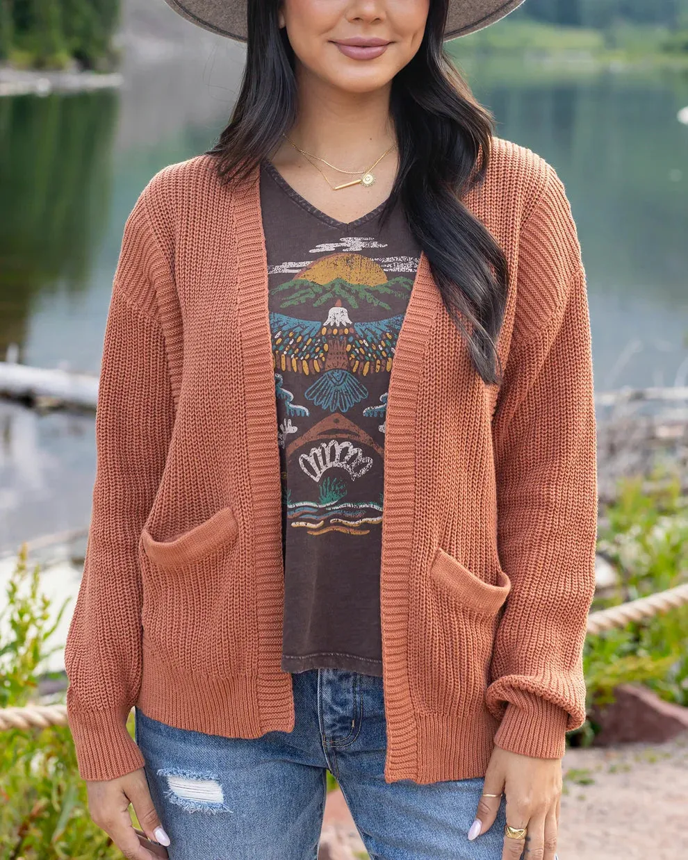 Grace & Lace Slouchy Knit Pocket Cardigan - Baked Pumpkin