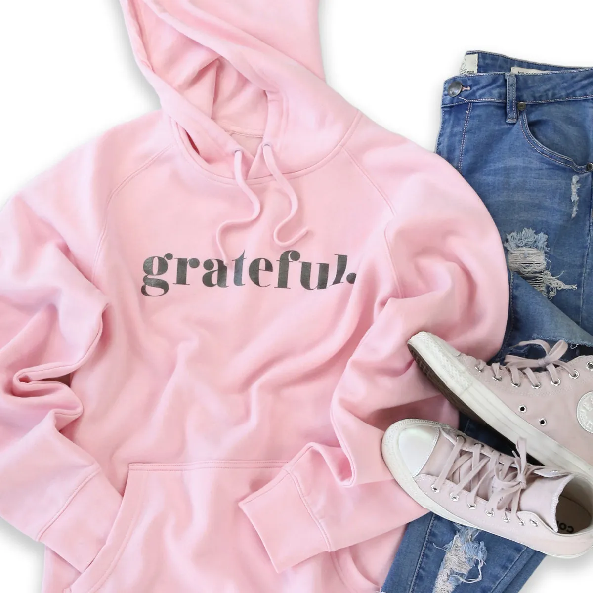 Grateful HOODIE - Pink with Charcoal Shimmer Print