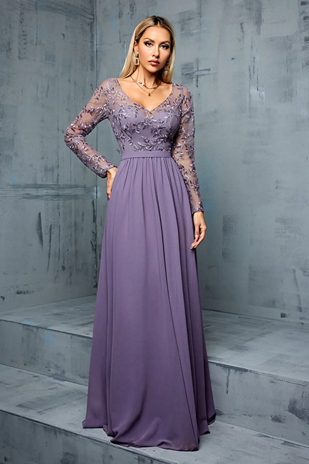 Grey Purple A Line V Neck Embroidered Chiffon Maxi Dress with Long Sleeves