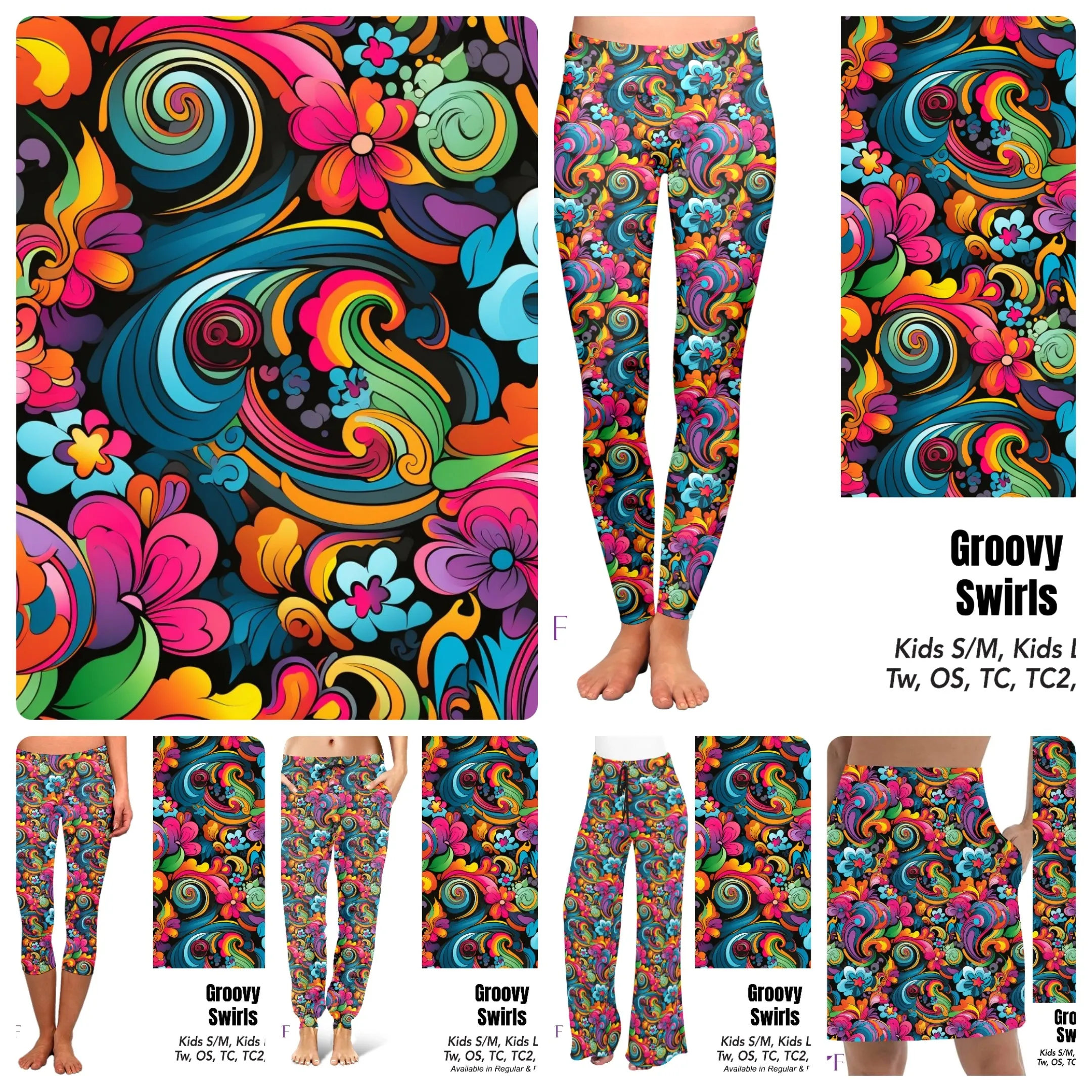 Groovy swirls leggings, capris, skorts and biker shorts with pockets