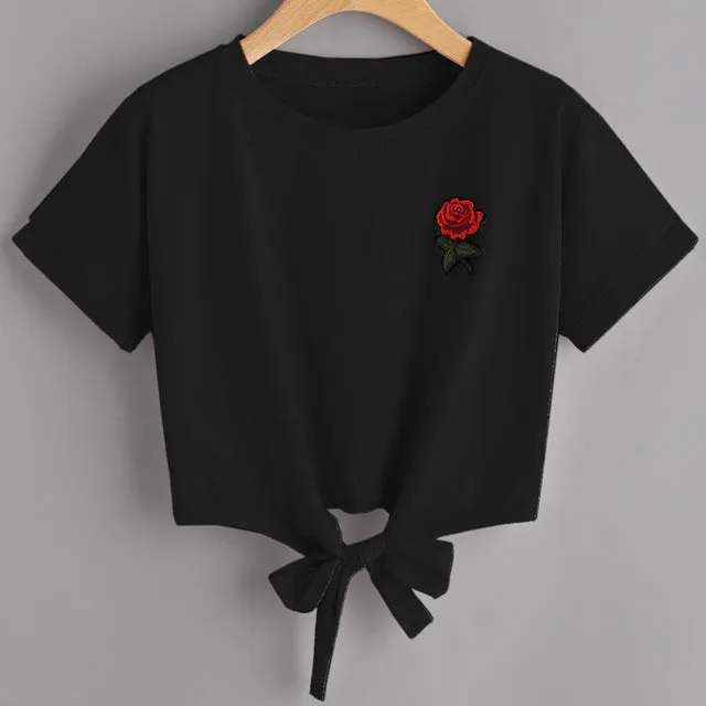 Harajuku Rose Embroid Summer Casual T Shirt