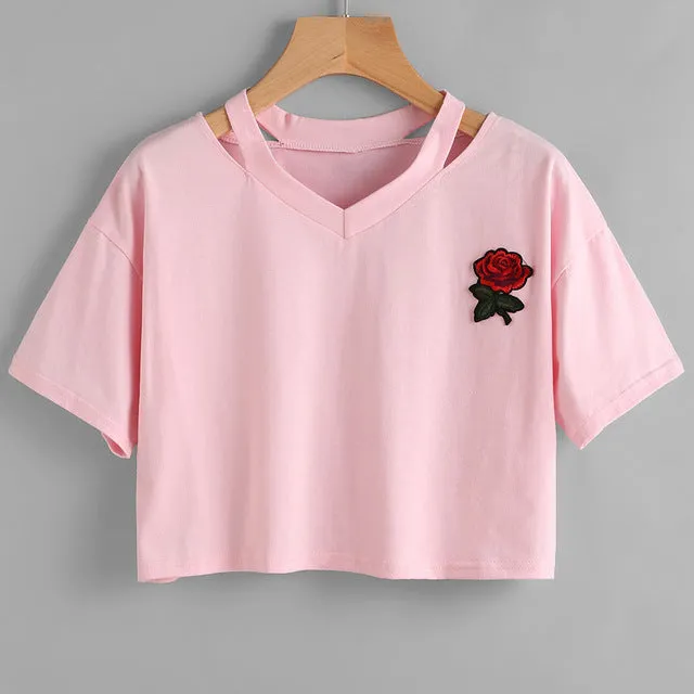 Harajuku Rose Embroid Summer Casual T Shirt