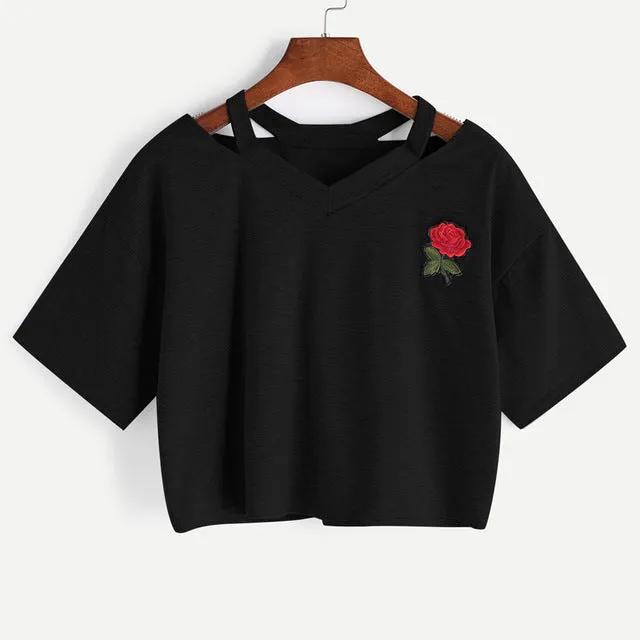 Harajuku Rose Embroid Summer Casual T Shirt