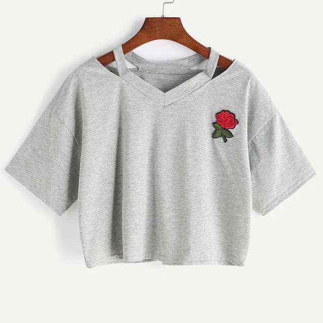 Harajuku Rose Embroid Summer Casual T Shirt