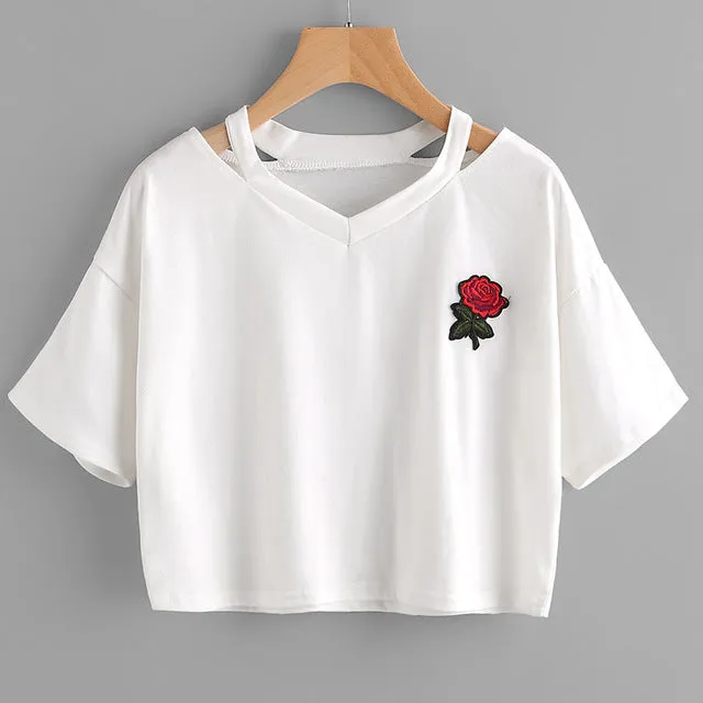 Harajuku Rose Embroid Summer Casual T Shirt